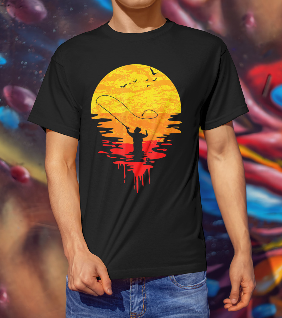 Fly Fishing At Sunset Vintage Style Silhouette With Birds T-Shirt
