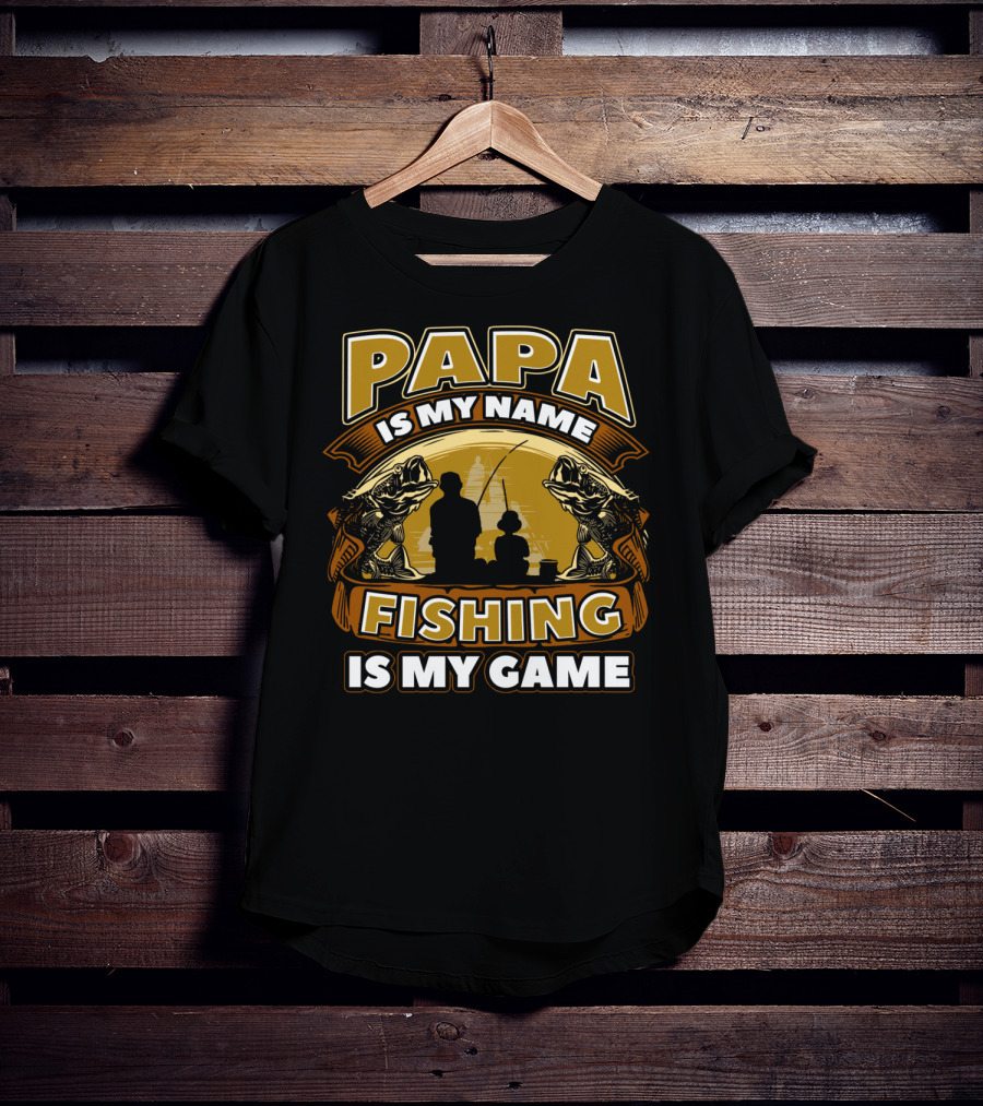 Papa Is My Name Fishing Is My Game Silhouette And Fish Reflections T-Shirt