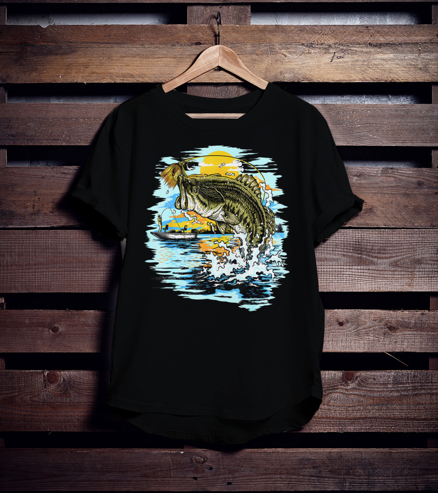 Large Mouth Bass Catching Fly Fishing Adventure In Scenic Lake Sunrise T-Shirt