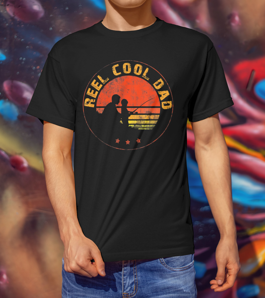 Reel Cool Dad Vintage Sunset Fishing Father And Child T-Shirt