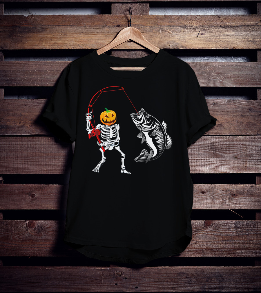 Halloween Pumpkin Skeleton Fishing With Bass Catch T-Shirt