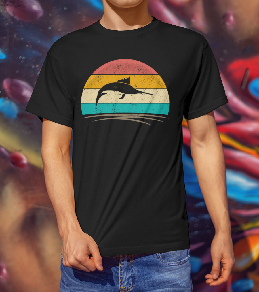 Swordfish Vintage 70s Deep Sea Fishing Retro Sunset T-Shirt