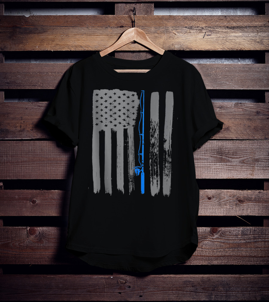 Vintage American Flag Fishing Pole Blue Line T-Shirt