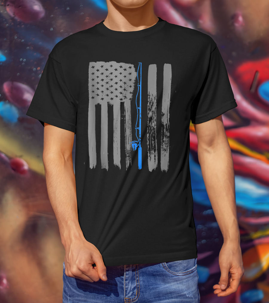 Vintage American Flag Fishing Pole Blue Line T-Shirt