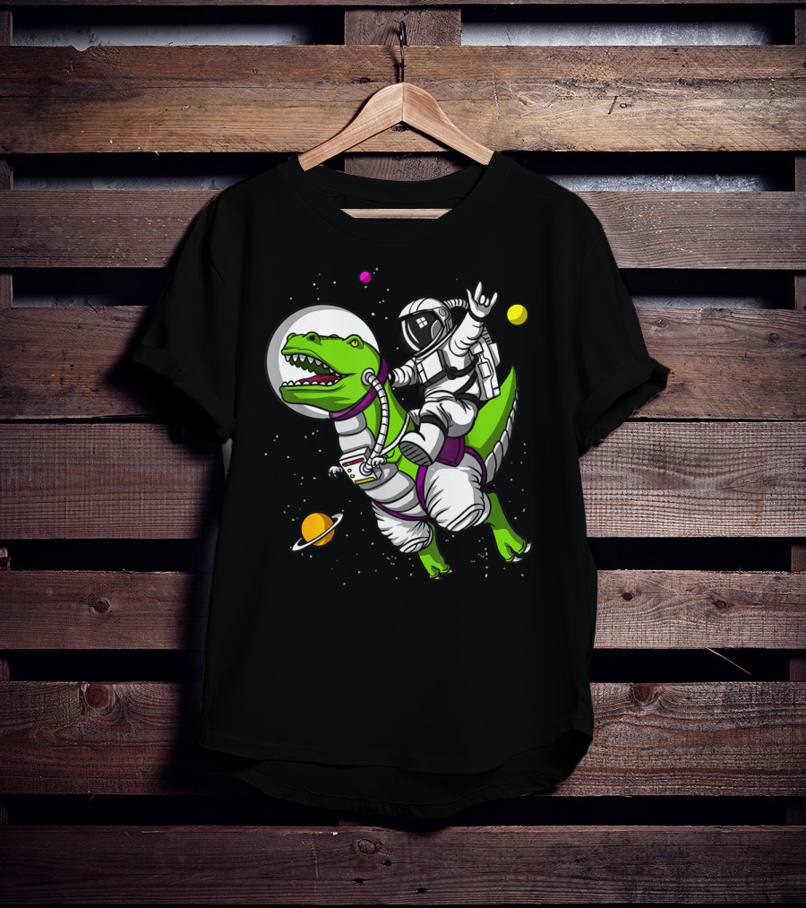 Astronaut Riding TRex Dinosaur In Outer Space With Planets T-Shirt
