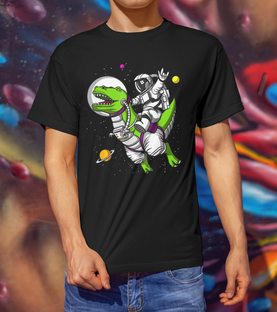 Astronaut Riding TRex Dinosaur In Outer Space With Planets T-Shirt