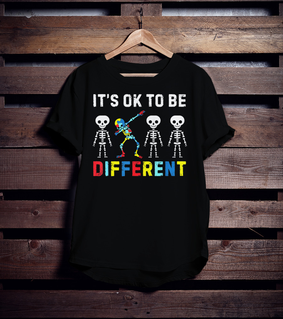 IT'S OK TO BE DIFFERENT Autism Awareness Day Skeleton Dabbing T-Shirt