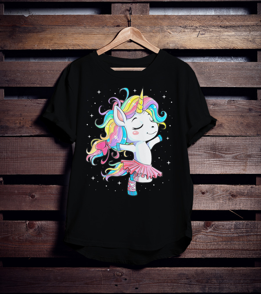 Ballet Dancer Unicorn Kids Girls Rainbow Ballerina Twirling Among Stars T-Shirt