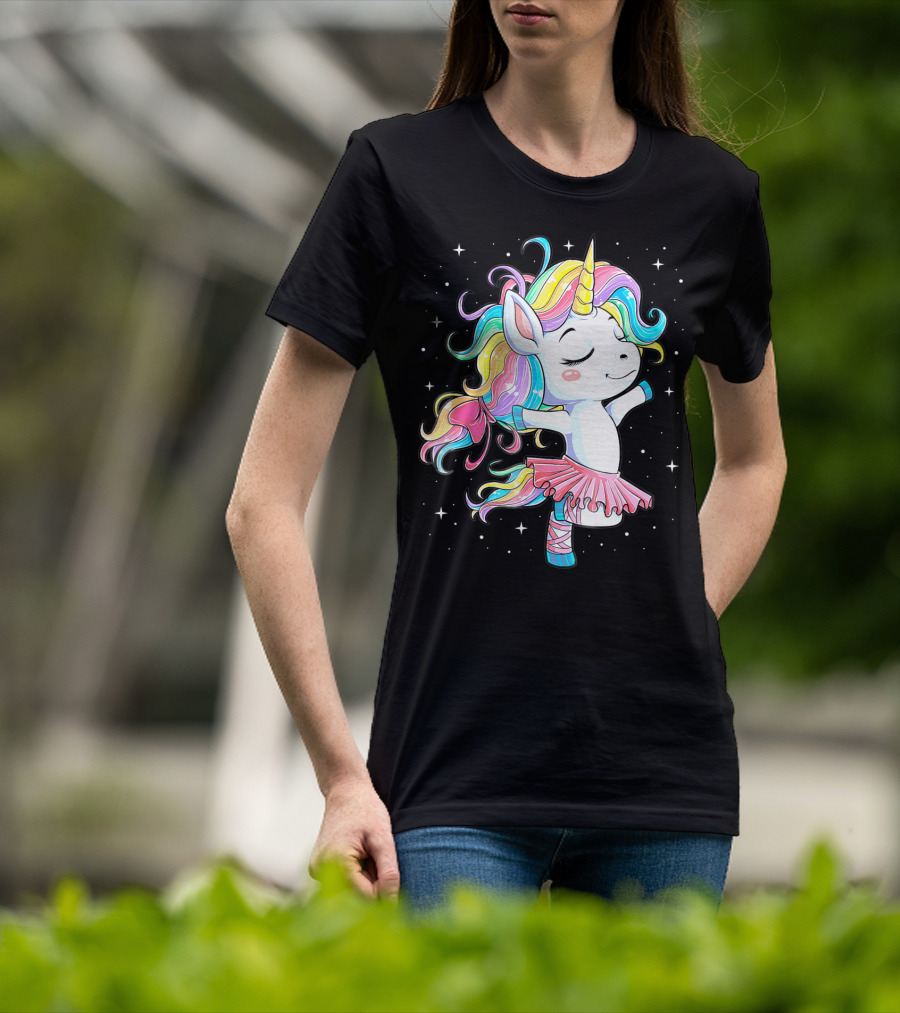 Ballet Dancer Unicorn Kids Girls Rainbow Ballerina Twirling Among Stars T-Shirt