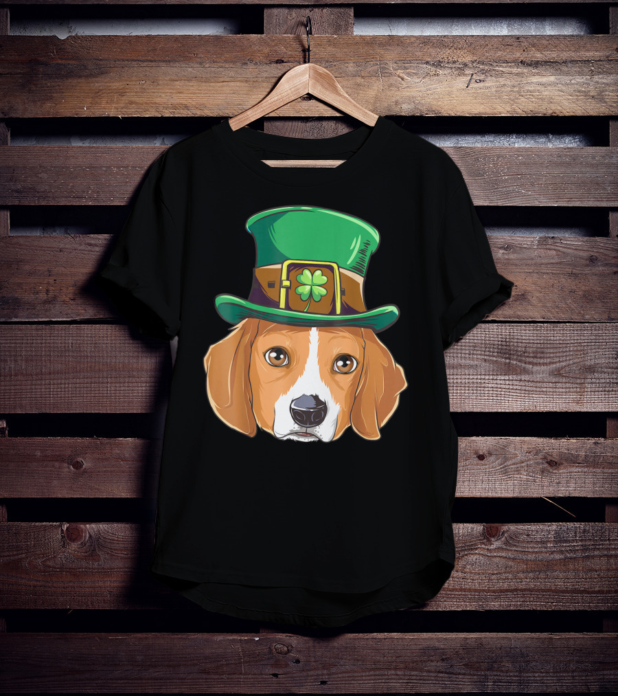 Beagle Wearing Leprechaun Hat With Shamrock T-Shirt