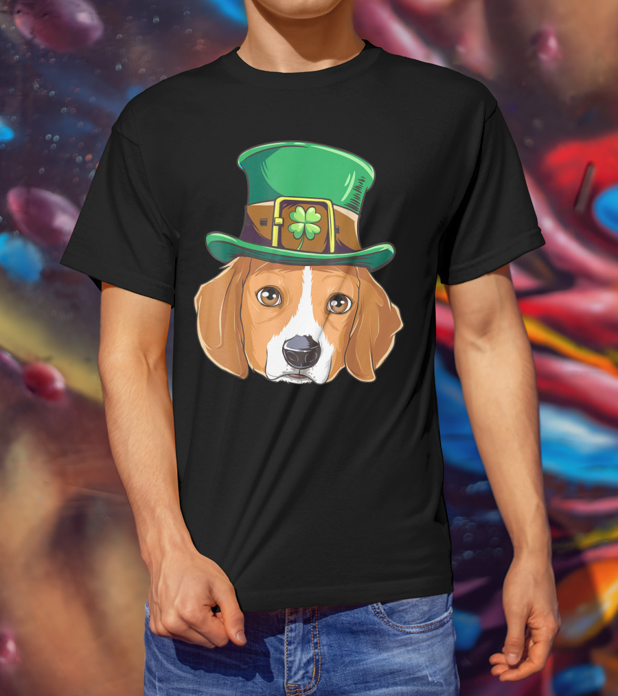 Beagle Wearing Leprechaun Hat With Shamrock T-Shirt