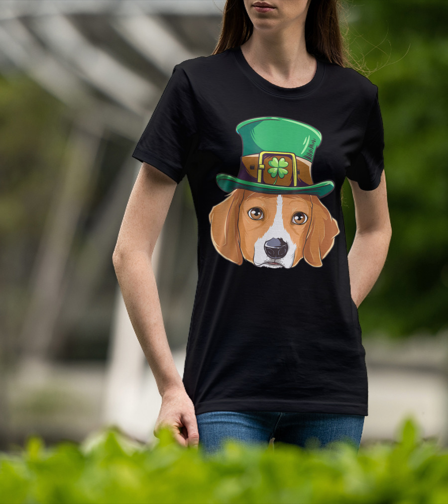 Beagle Wearing Leprechaun Hat With Shamrock T-Shirt