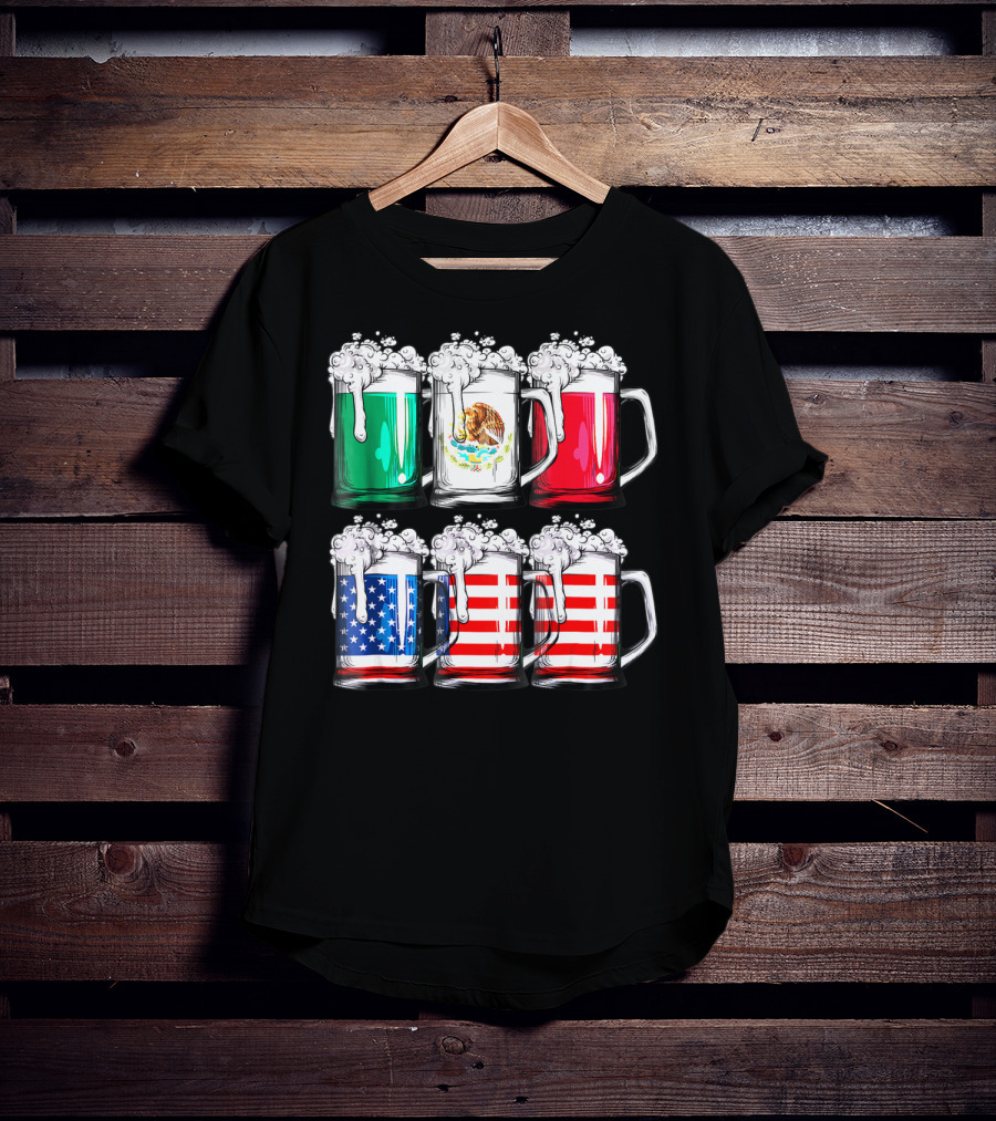Beer Mugs Mexican American Flags Cinco De Mayo T-Shirt