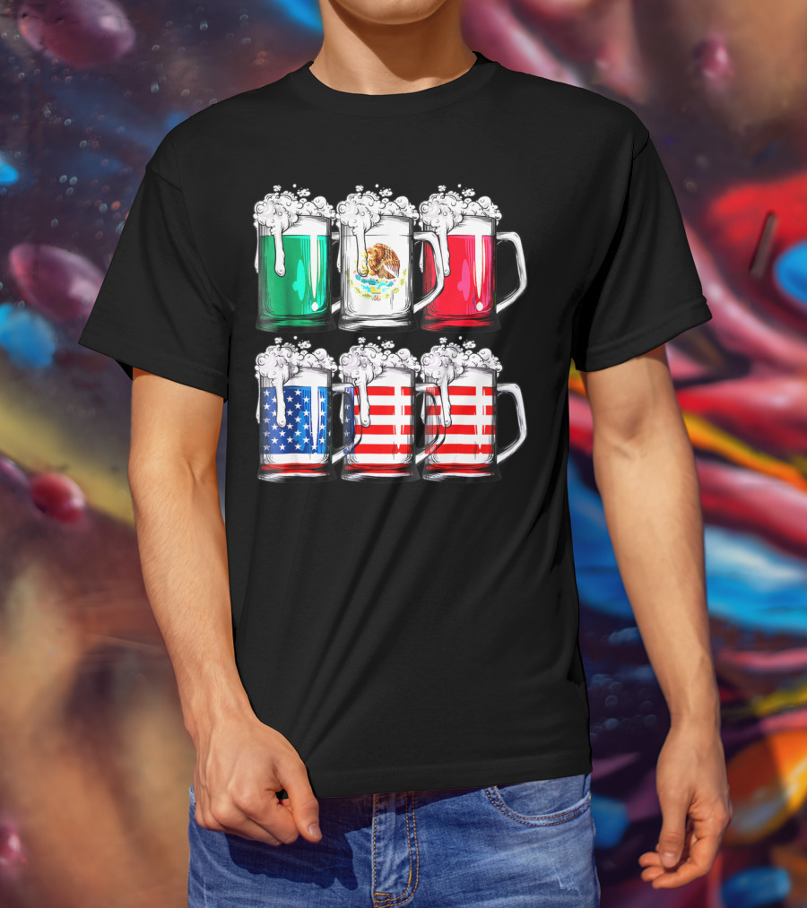 Beer Mugs Mexican American Flags Cinco De Mayo T-Shirt
