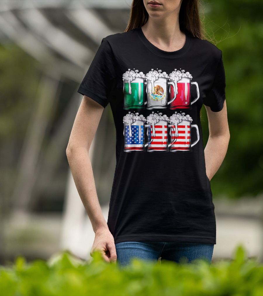 Beer Mugs Mexican American Flags Cinco De Mayo T-Shirt