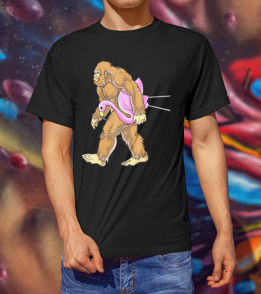 Bigfoot Carrying Pink Lawn Flamingo Humorous Sasquatch Image T-Shirt
