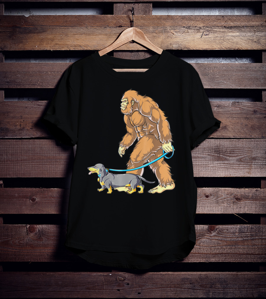 Bigfoot Sasquatch Walking Dachshund Dog T-Shirt