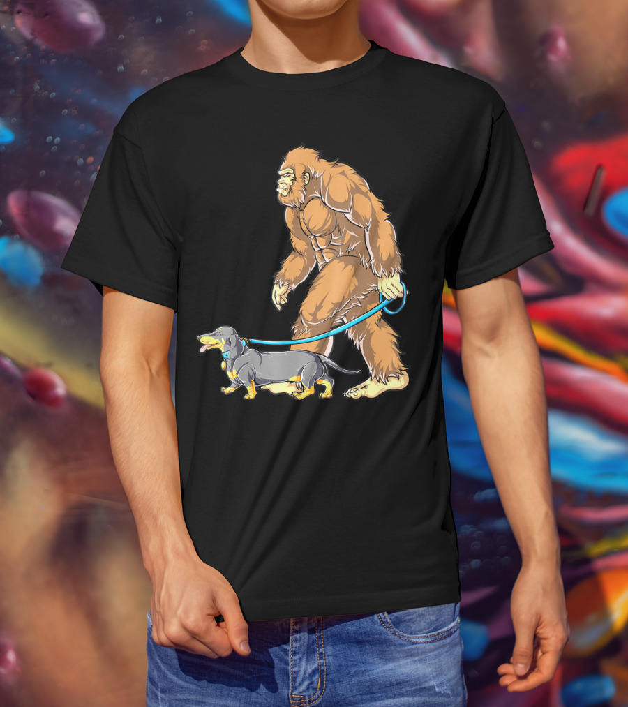 Bigfoot Sasquatch Walking Dachshund Dog T-Shirt
