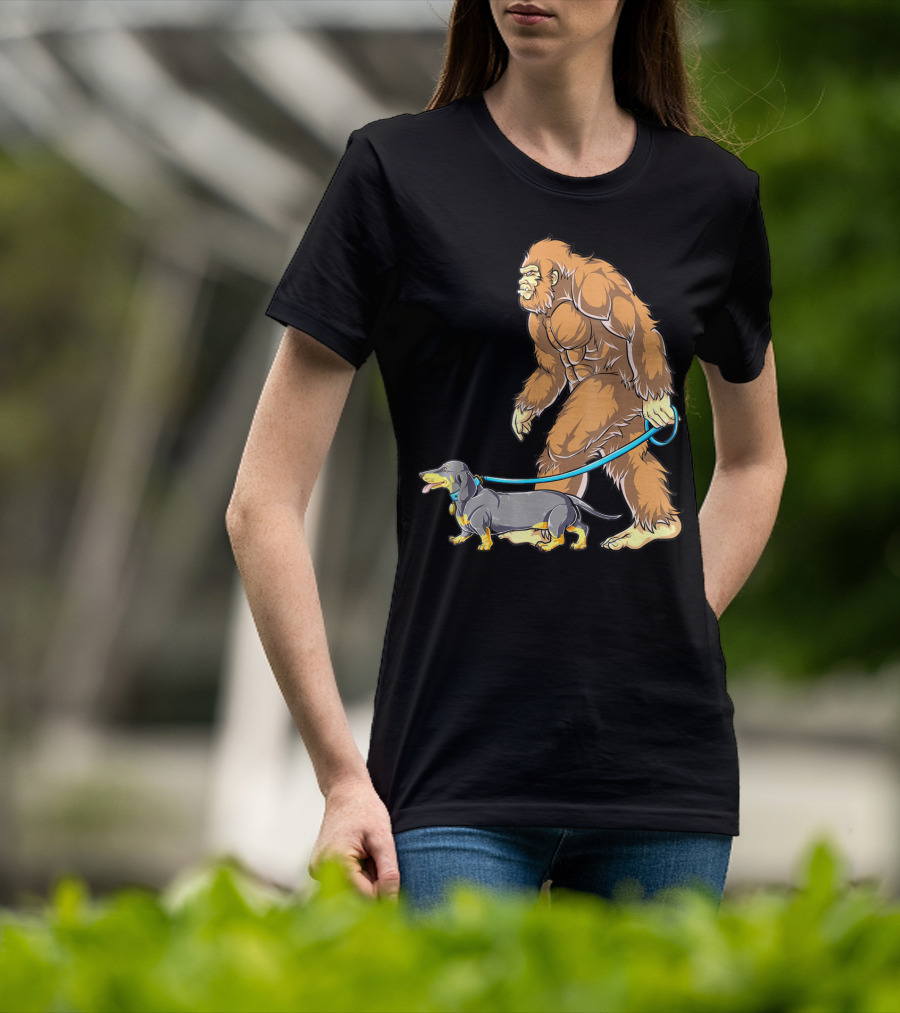 Bigfoot Sasquatch Walking Dachshund Dog T-Shirt