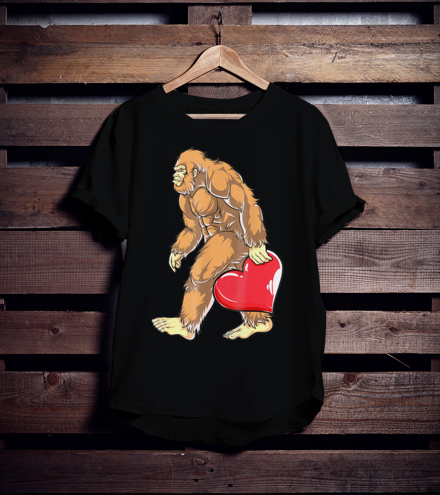 Valentine's Day Bigfoot Holding Heart Sasquatch Love For Men T-Shirt