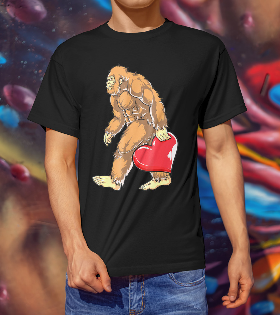 Valentine's Day Bigfoot Holding Heart Sasquatch Love For Men T-Shirt