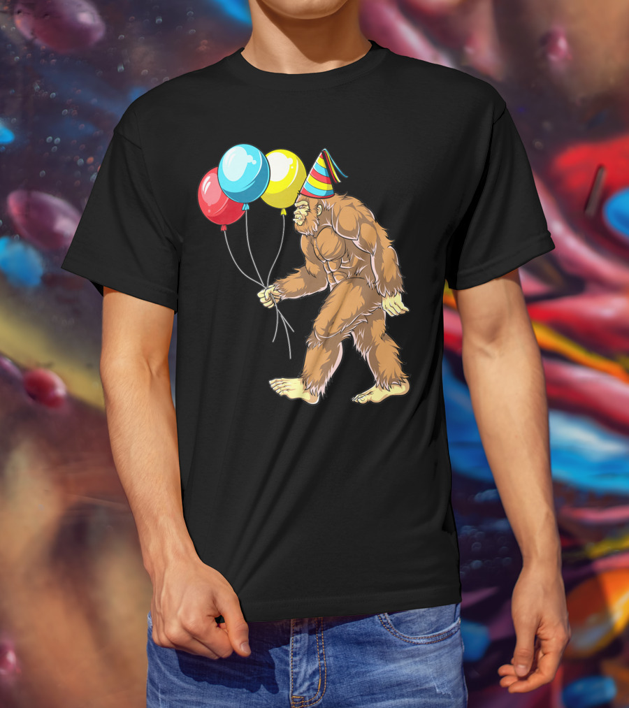 Bigfoot It's My Birthday Kids Boys Sasquatch Party With Balloons And Party Hat T-Shirt