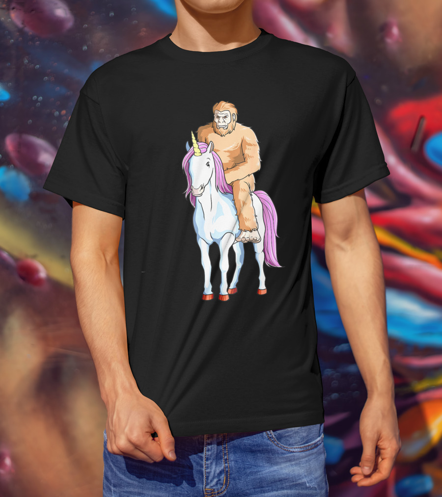 Bigfoot Sasquatch Riding Unicorn Mythical Creature Adventure T-Shirt