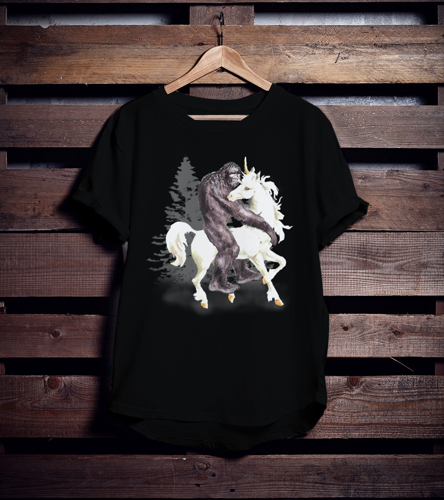 Bigfoot Sasquatch On A Unicorn In Mystical Forest Scene T-Shirt