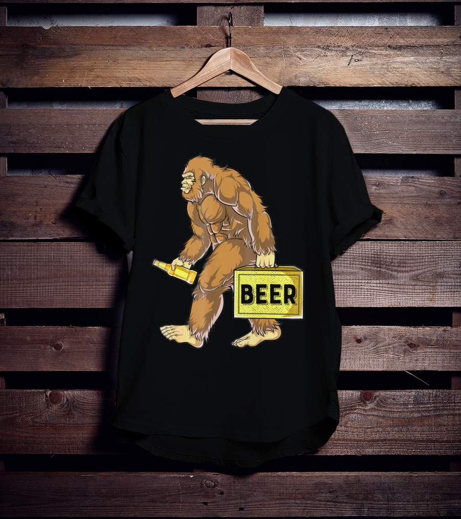 Bigfoot With Beer Funny Sasquatch Drinking Party Carrying Beer Box T-Shirt