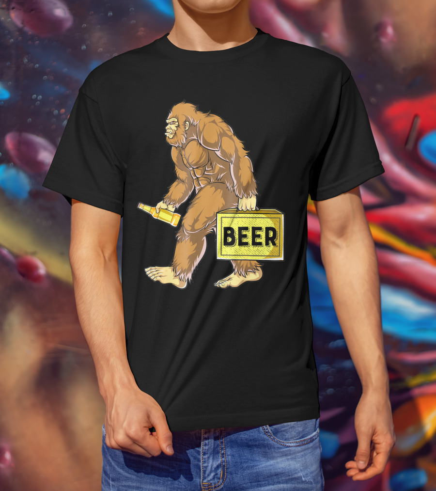 Bigfoot With Beer Funny Sasquatch Drinking Party Carrying Beer Box T-Shirt