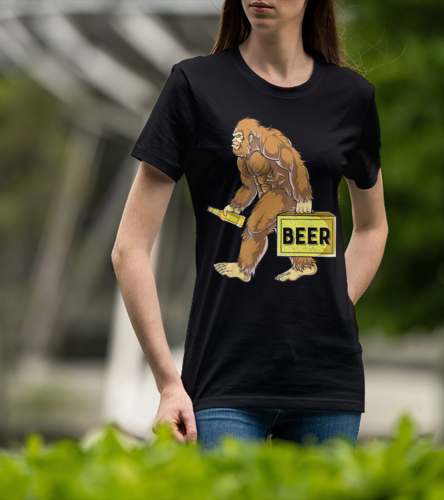 Bigfoot With Beer Funny Sasquatch Drinking Party Carrying Beer Box T-Shirt