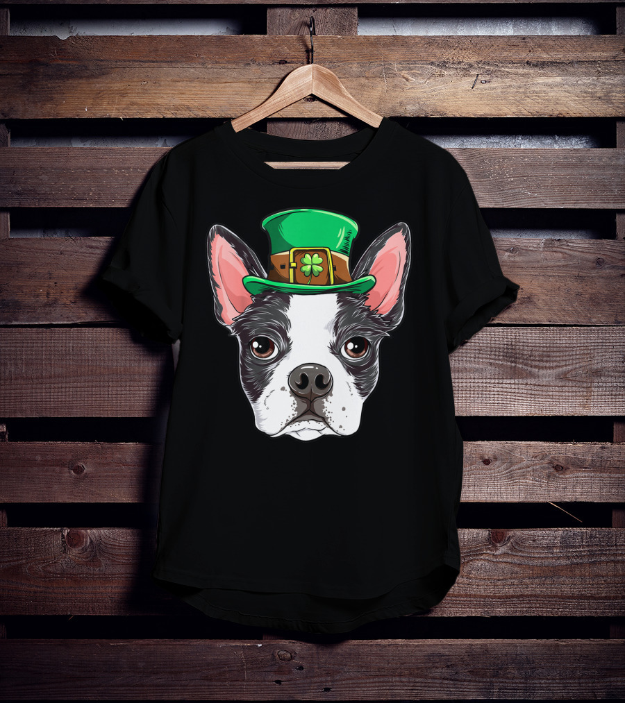 Boston Terrier St Patricks Day Leprechaun Dog With Green Hat T-Shirt