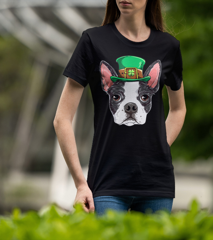 Boston Terrier St Patricks Day Leprechaun Dog With Green Hat T-Shirt