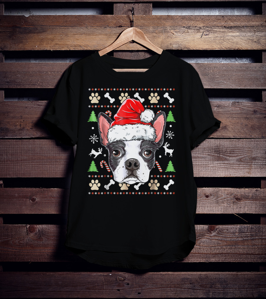 Boston Terrier Christmas Santa Hat Dog With Bones And Tree T-Shirt