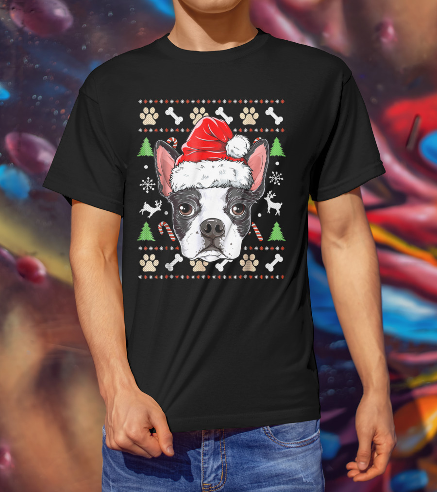 Boston Terrier Christmas Santa Hat Dog With Bones And Tree T-Shirt