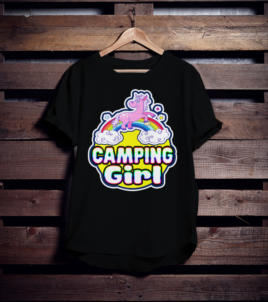 Camping Girl Rainbow Unicorn Cloud Adventure T-Shirt