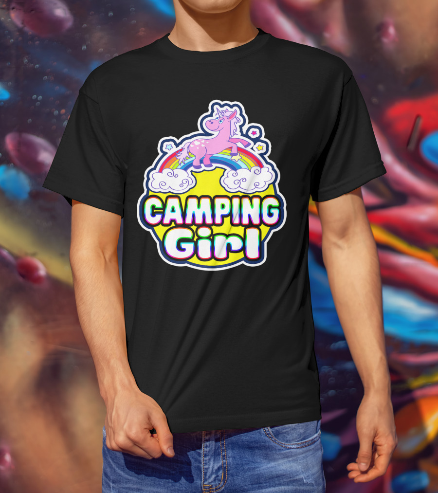 Camping Girl Rainbow Unicorn Cloud Adventure T-Shirt