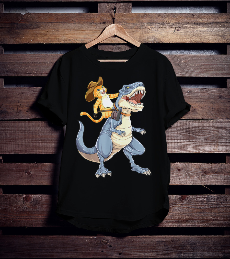 Cat In Cowboy Hat Riding Dinosaur Rex Purrassic Kitty Dino T-Shirt