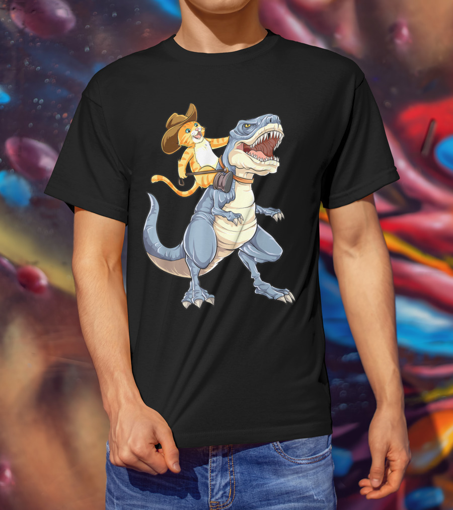 Cat In Cowboy Hat Riding Dinosaur Rex Purrassic Kitty Dino T-Shirt