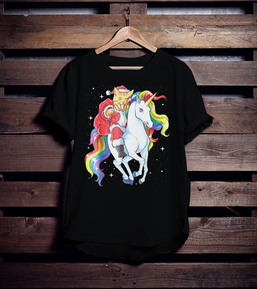 Meowy Cat Santa Riding Rainbow Unicorn Christmas Girls Women T-Shirt