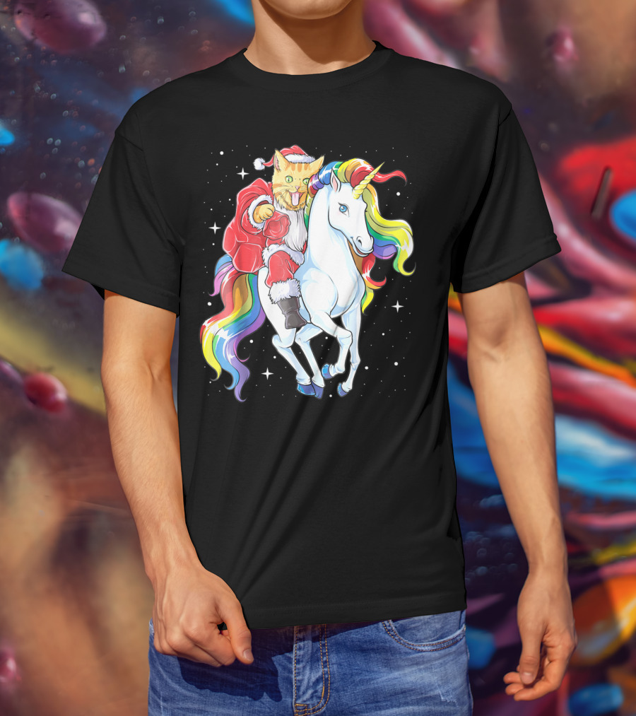 Meowy Cat Santa Riding Rainbow Unicorn Christmas Girls Women T-Shirt