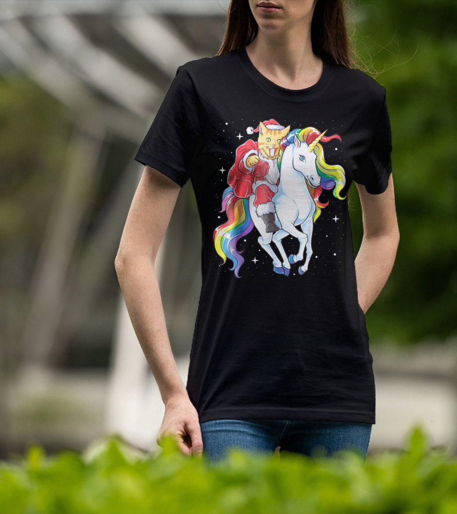 Meowy Cat Santa Riding Rainbow Unicorn Christmas Girls Women T-Shirt