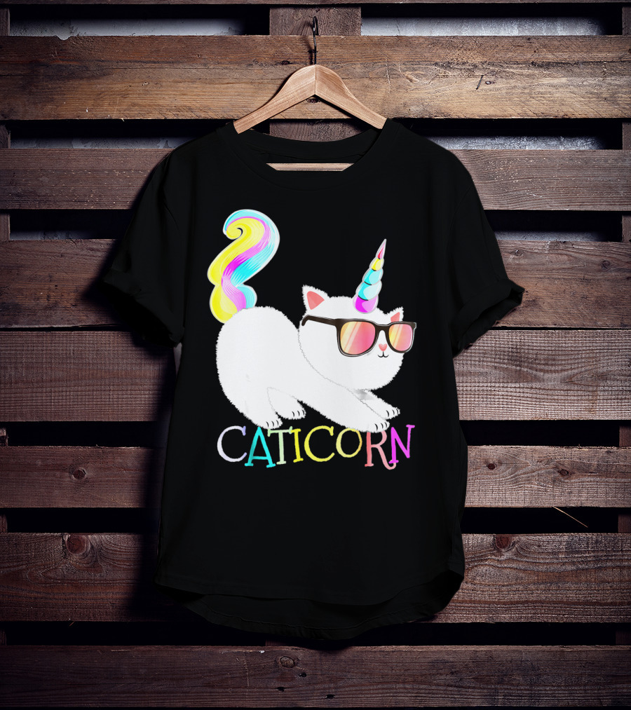 Caticorn Rainbow Unicorn Cat Girls Sunglasses Colorful Mane T-Shirt