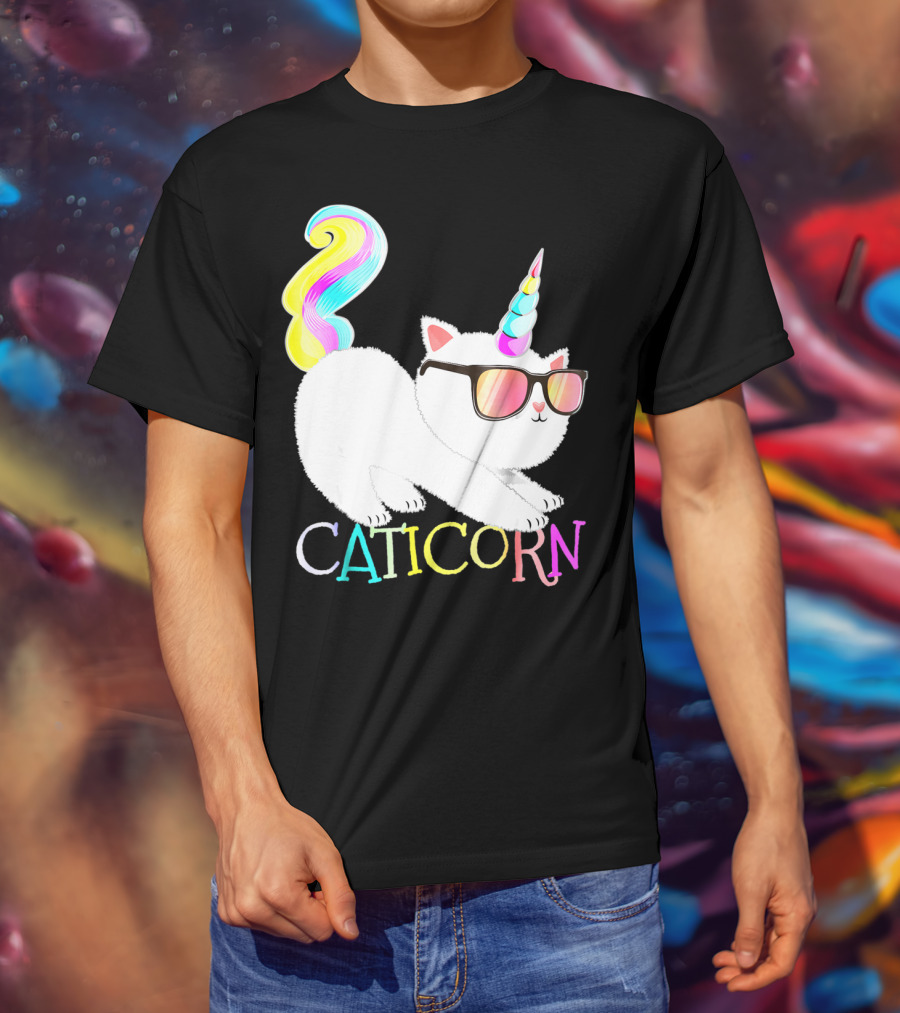 Caticorn Rainbow Unicorn Cat Girls Sunglasses Colorful Mane T-Shirt