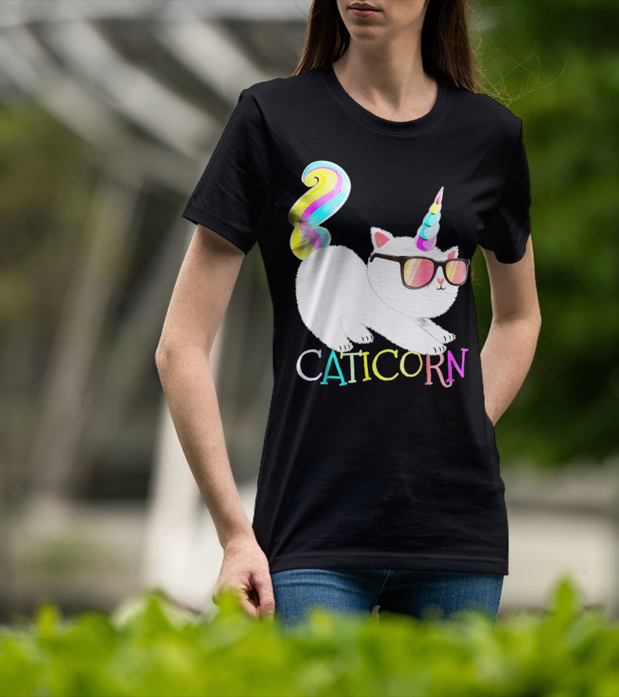 Caticorn Rainbow Unicorn Cat Girls Sunglasses Colorful Mane T-Shirt