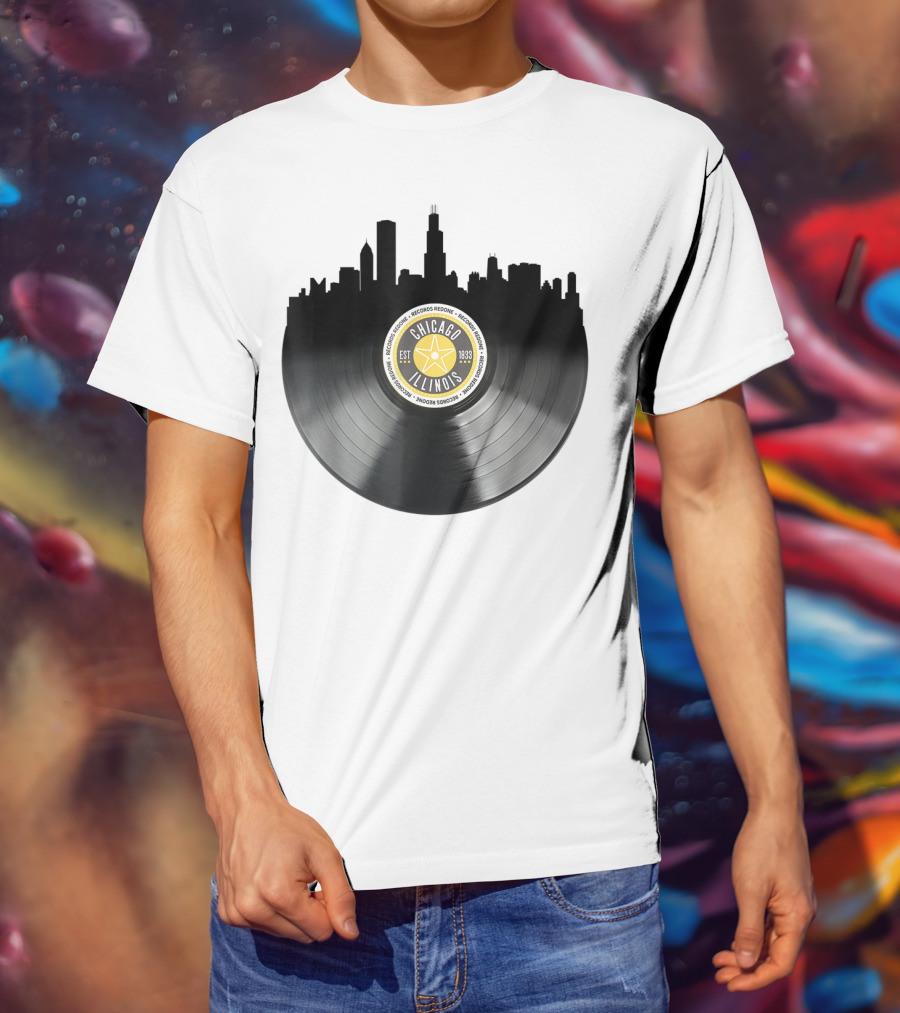 Chicago Illinois Vinyl Record Skyline EST 1833 T-Shirt