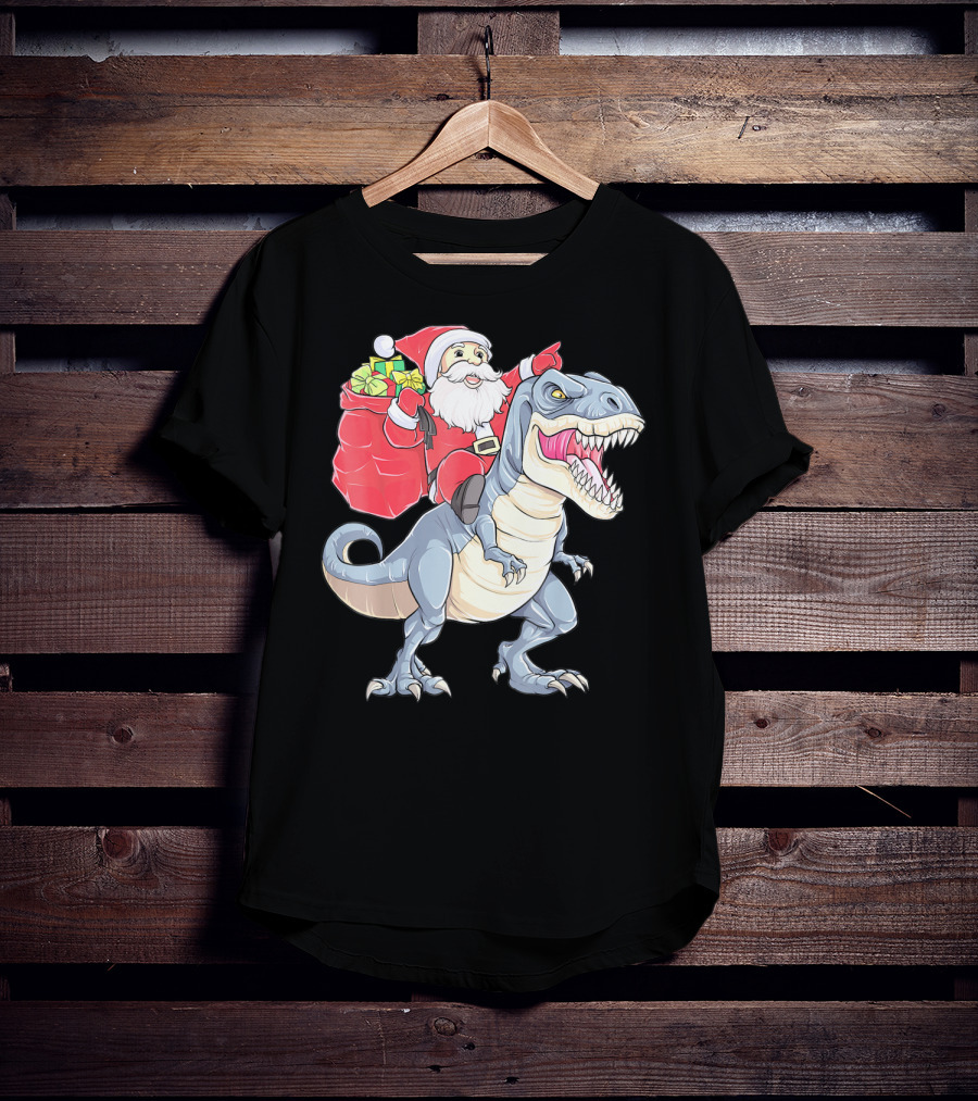 Christmas Santa Riding Dinosaur Rex With Presents T-Shirt
