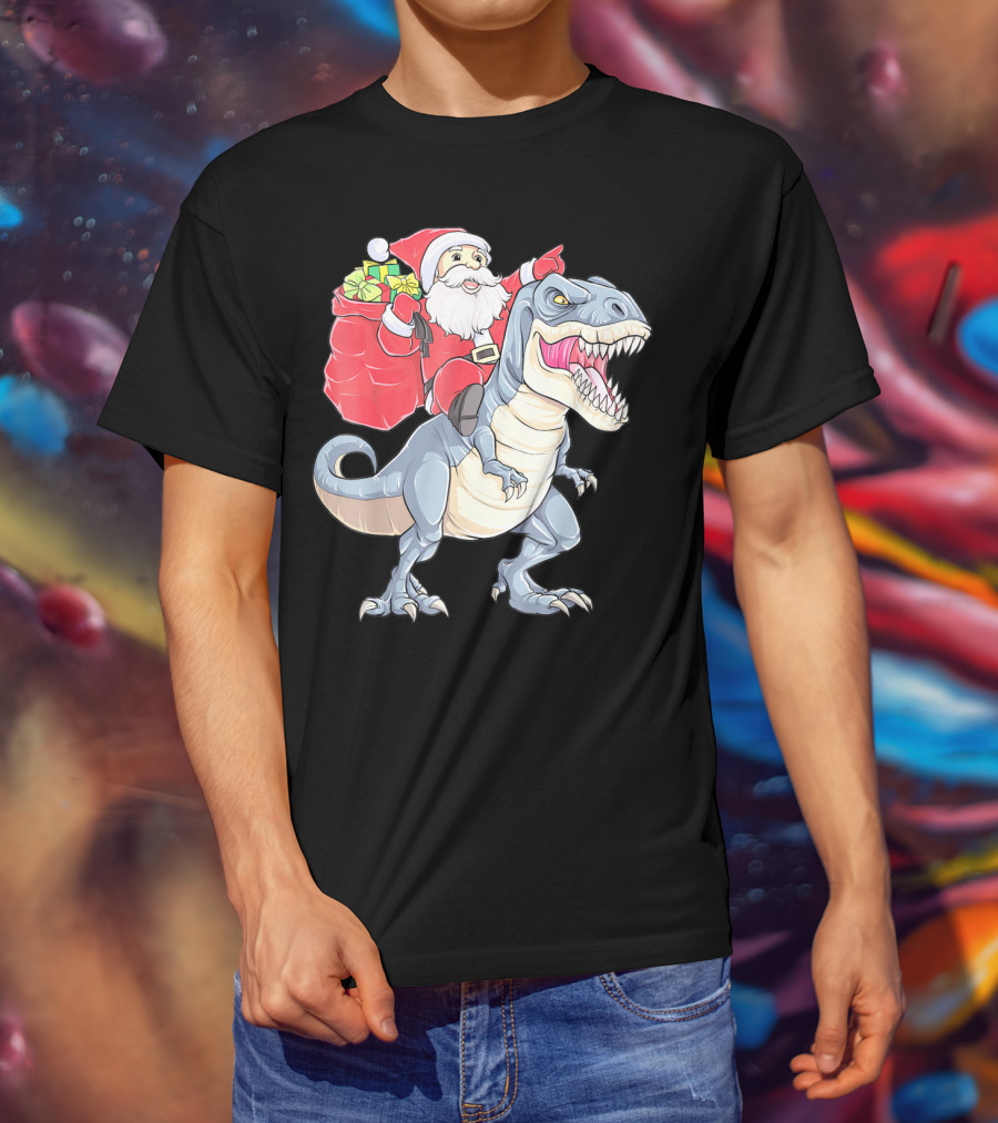 Christmas Santa Riding Dinosaur Rex With Presents T-Shirt