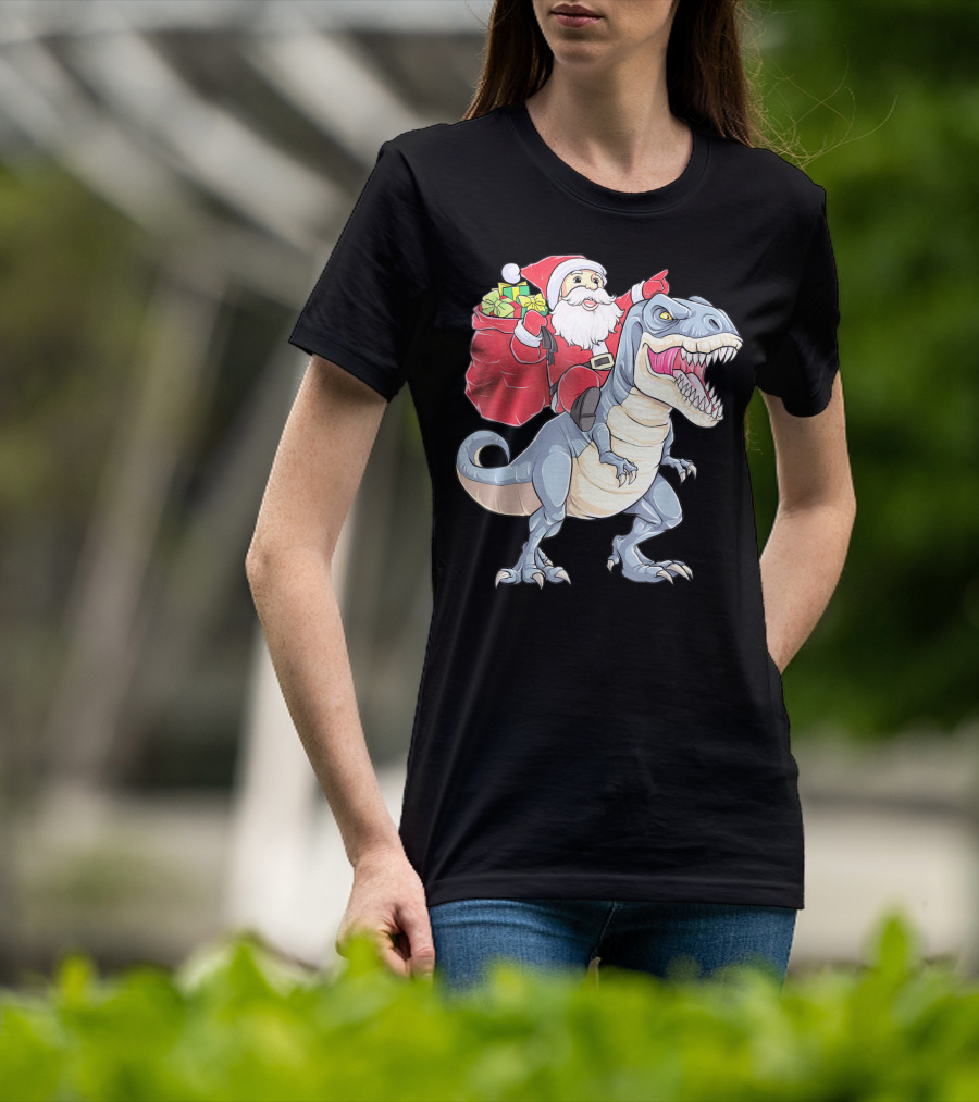 Christmas Santa Riding Dinosaur Rex With Presents T-Shirt