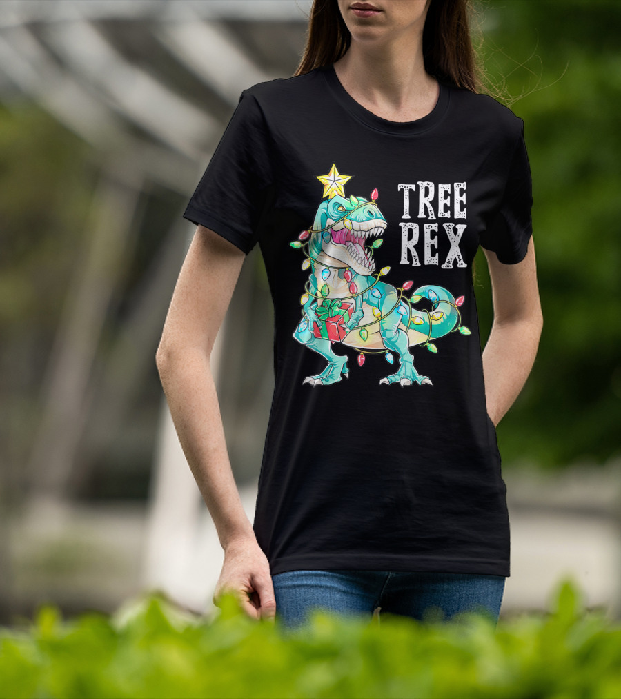 Tree Rex Christmas Kids Dinosaur Lights T-Shirt